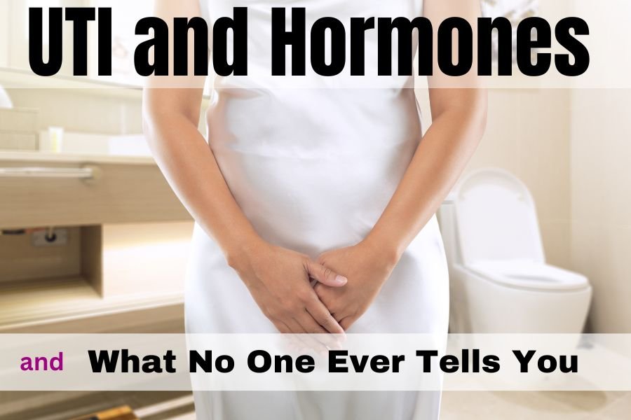 UTI and Hormones what no one ever tells you. Woman with UTI standing in the bathroom.